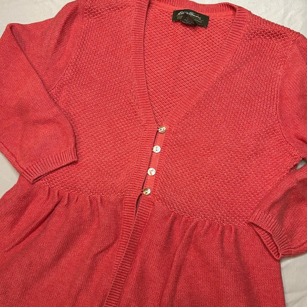 Eddie Bauer Cardigan Women Medium Coral Pink Silk Blend Peplum 3/4 Sleeve Knit